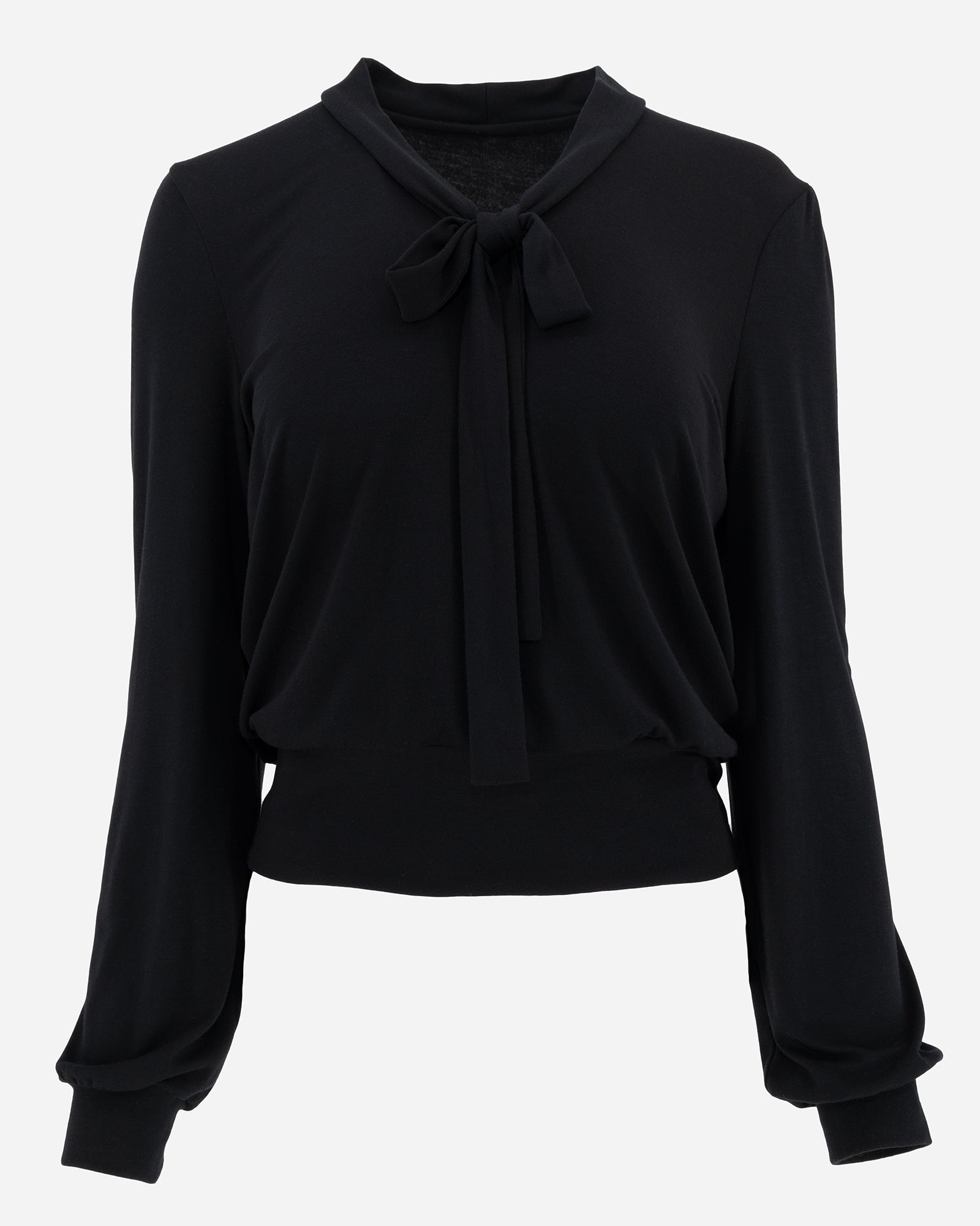 Black Long Sleeve Puff Shoulder Bow Tie Cropped Lounge Top