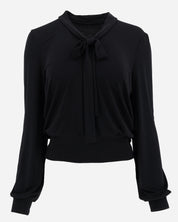 Black Long Sleeve Puff Shoulder Bow Tie Cropped Lounge Top