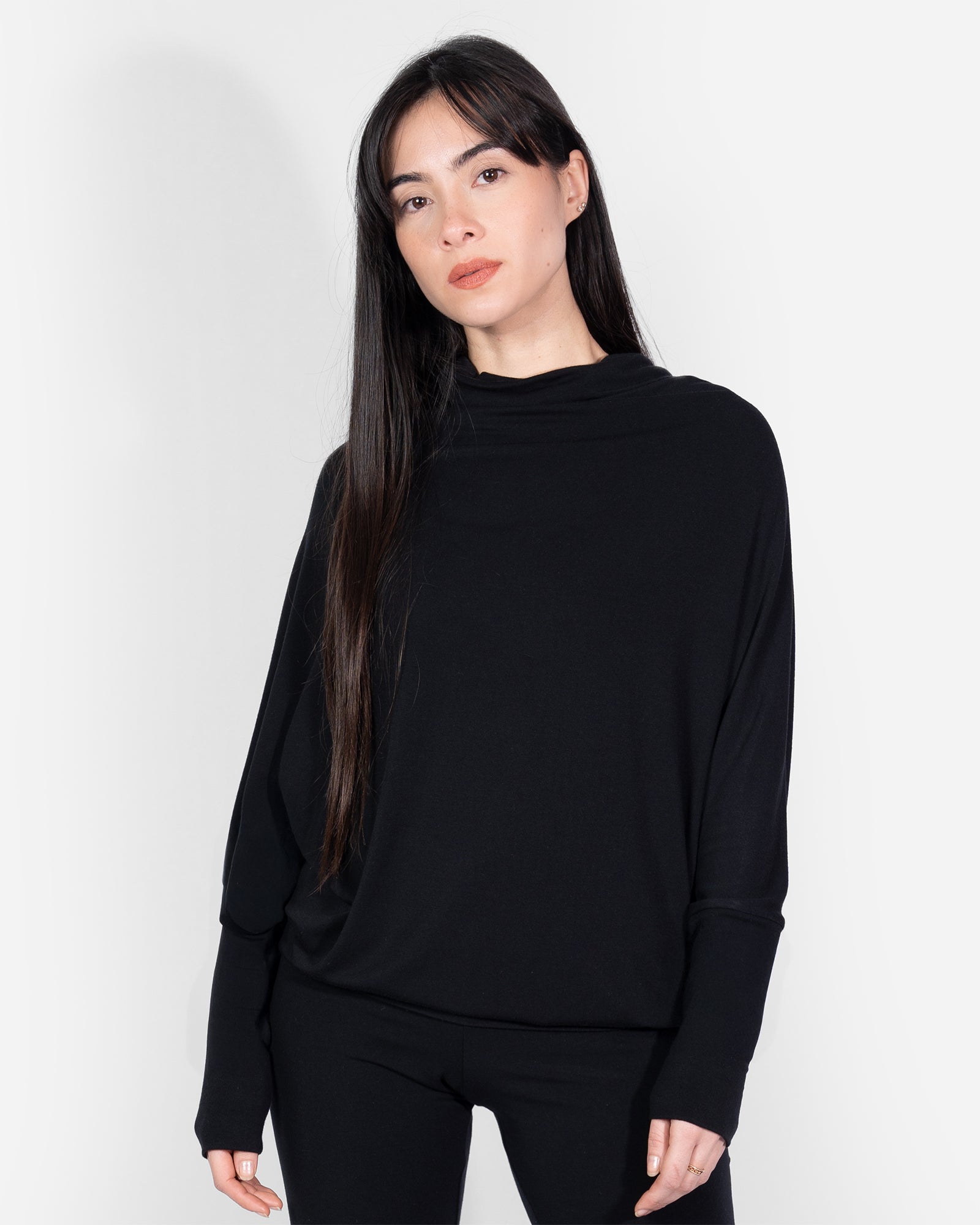 Black Long Sleeve Relaxed Funnel Neck Lounge Top