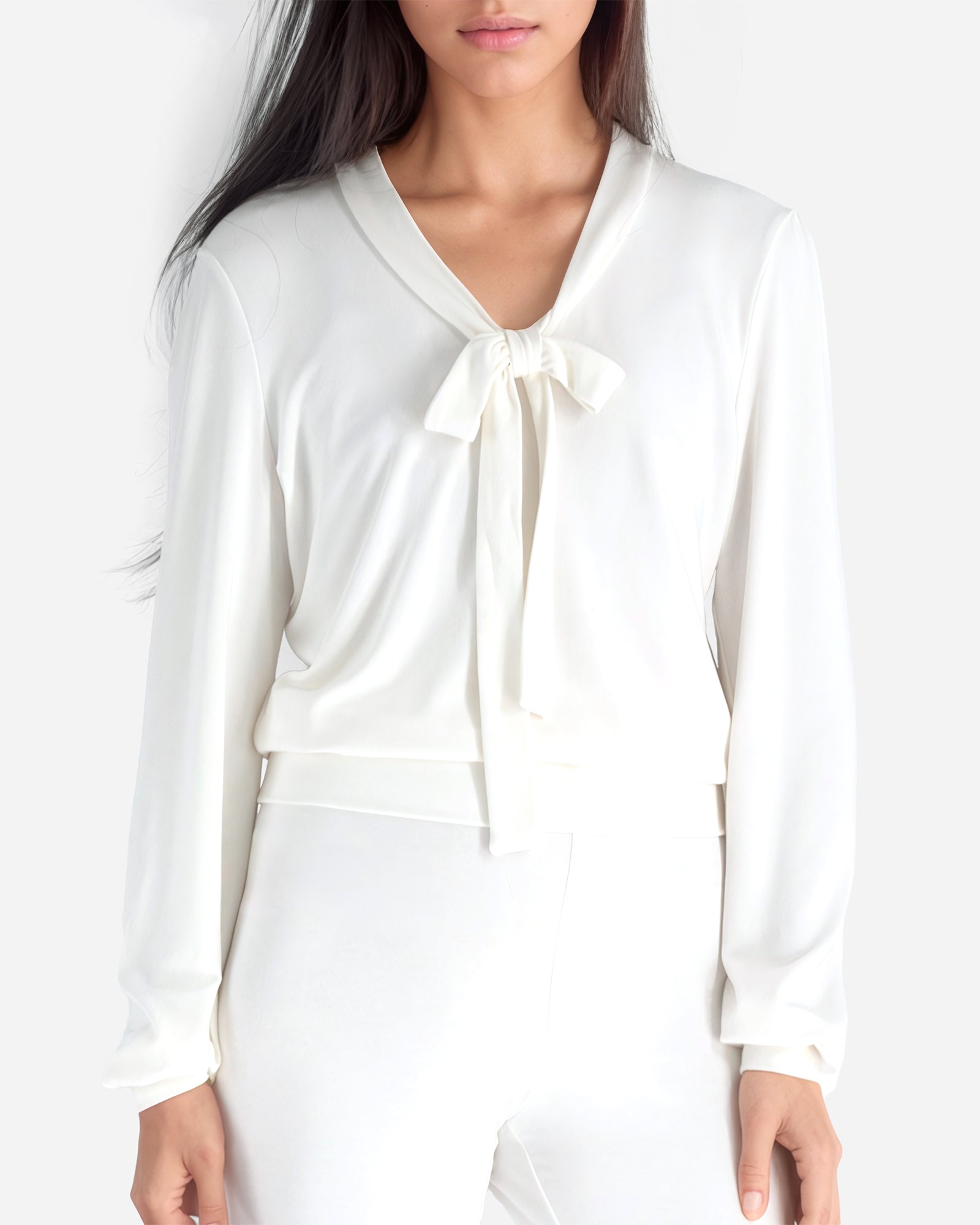 Cream Long Sleeve Puff Shoulder Bow Tie Cropped Lounge Top