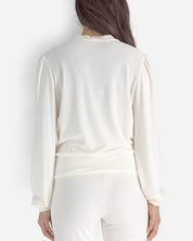 Cream Long Sleeve Puff Shoulder Bow Tie Cropped Lounge Top Back