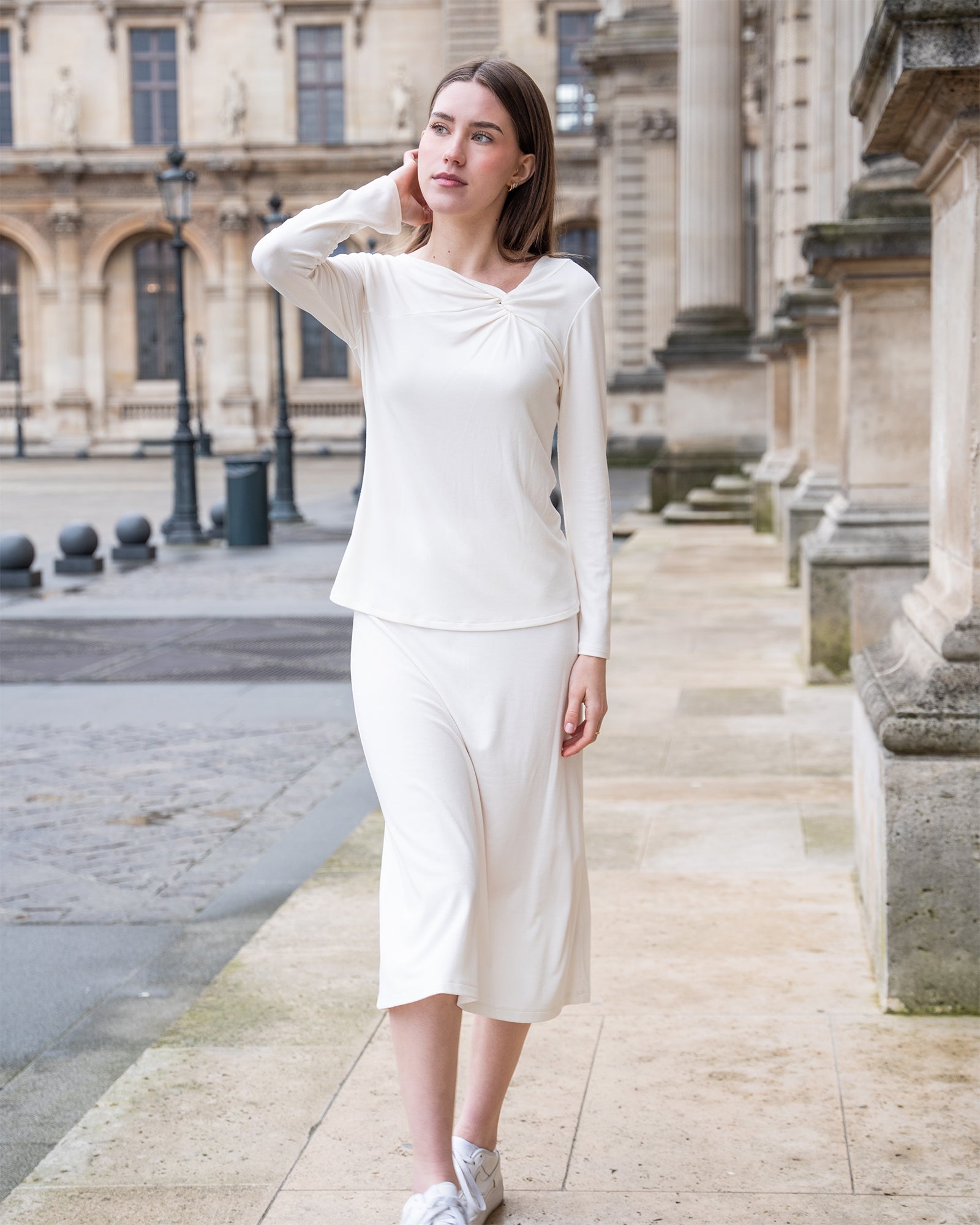 Cream Long Sleeve Twist Neck Shirt Lounge Top Elastic High-Waisted Midi Lounge Skirt