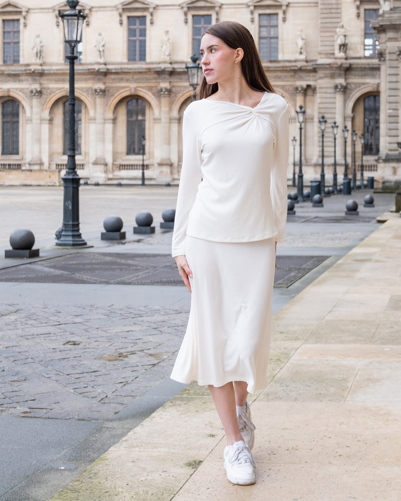 Cream Long Sleeve Twist Neck Shirt Lounge Top Elastic High-Waisted Midi Lounge Skirt