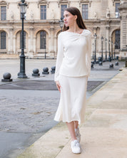 Cream Long Sleeve Twist Neck Shirt Lounge Top Elastic High-Waisted Midi Lounge Skirt
