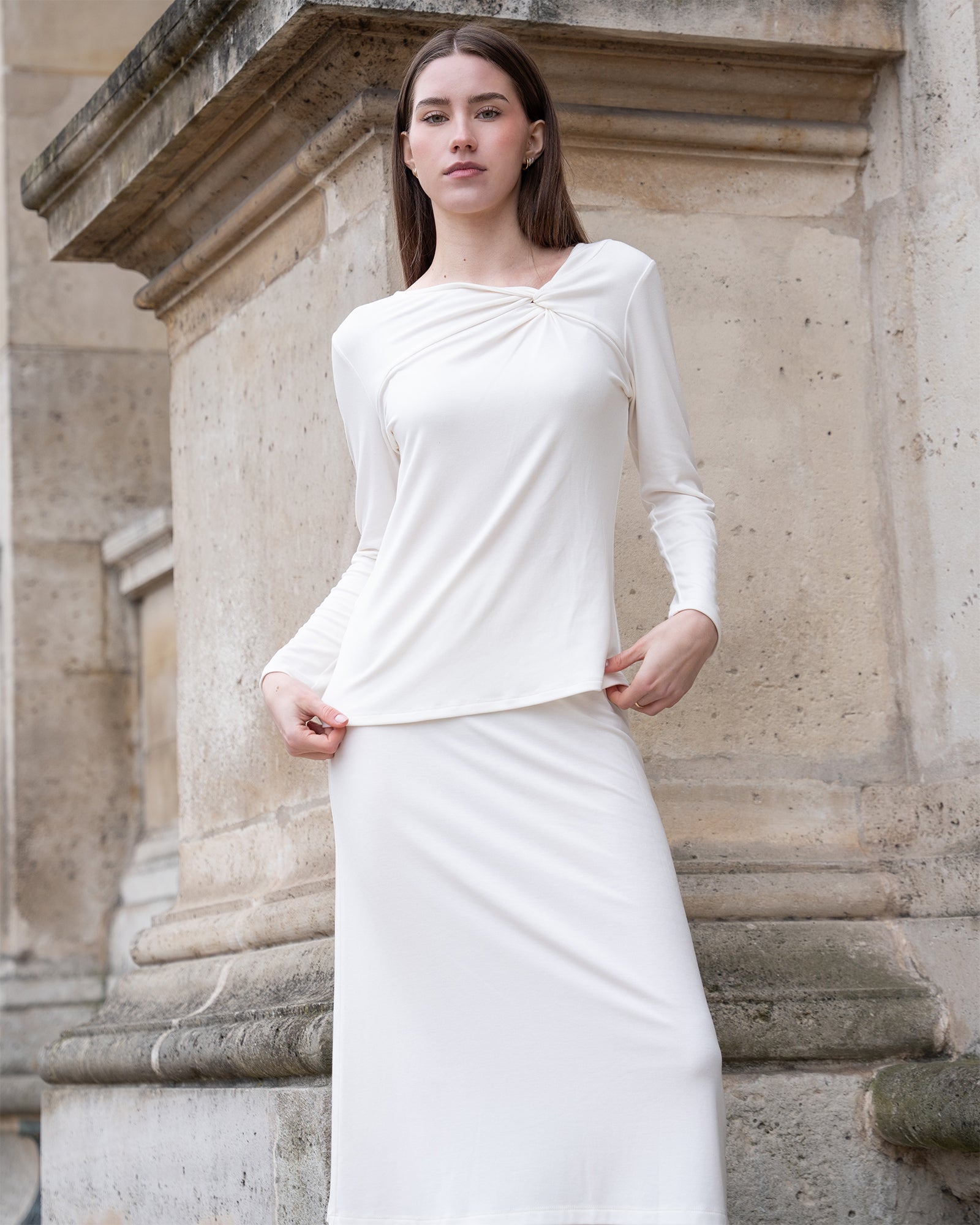 Cream Long Sleeve Twist Neck Shirt Lounge Top Elastic High-Waisted Midi Lounge Skirt