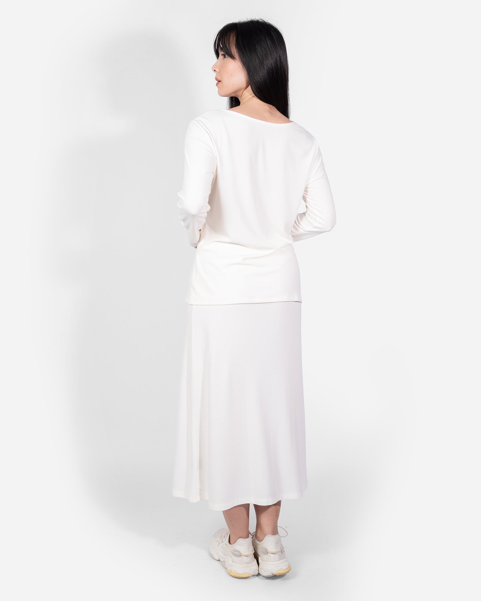 Cream Long Sleeve Twist Neck Shirt Lounge Top Elastic High-Waisted Midi Lounge Skirt