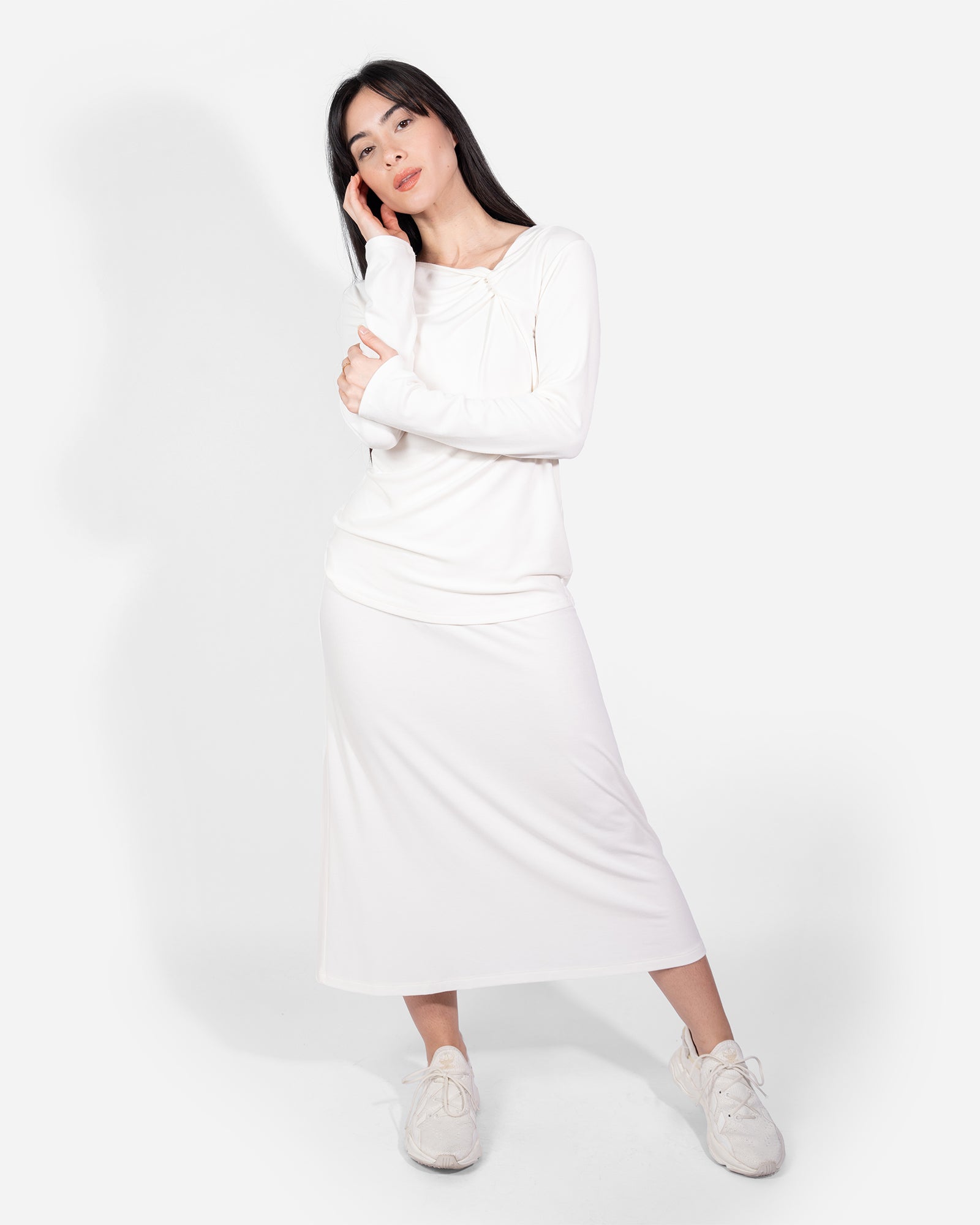 Cream Long Sleeve Twist Neck Shirt Lounge Top Elastic High-Waisted Midi Lounge Skirt