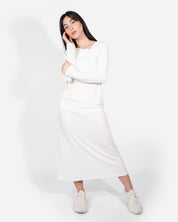 Cream Long Sleeve Twist Neck Shirt Lounge Top Elastic High-Waisted Midi Lounge Skirt