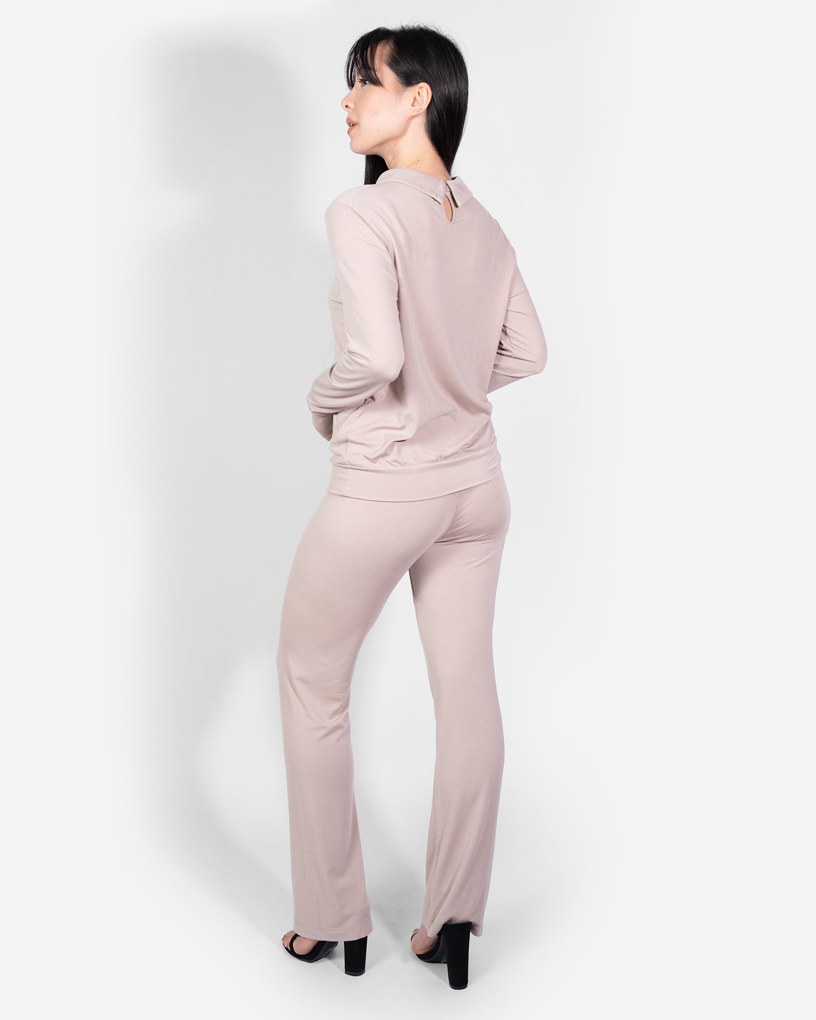 Loungewear Rose Taupe Long Sleeve Peter Pan Collar Shirt Top Elastic High-Waisted Pants