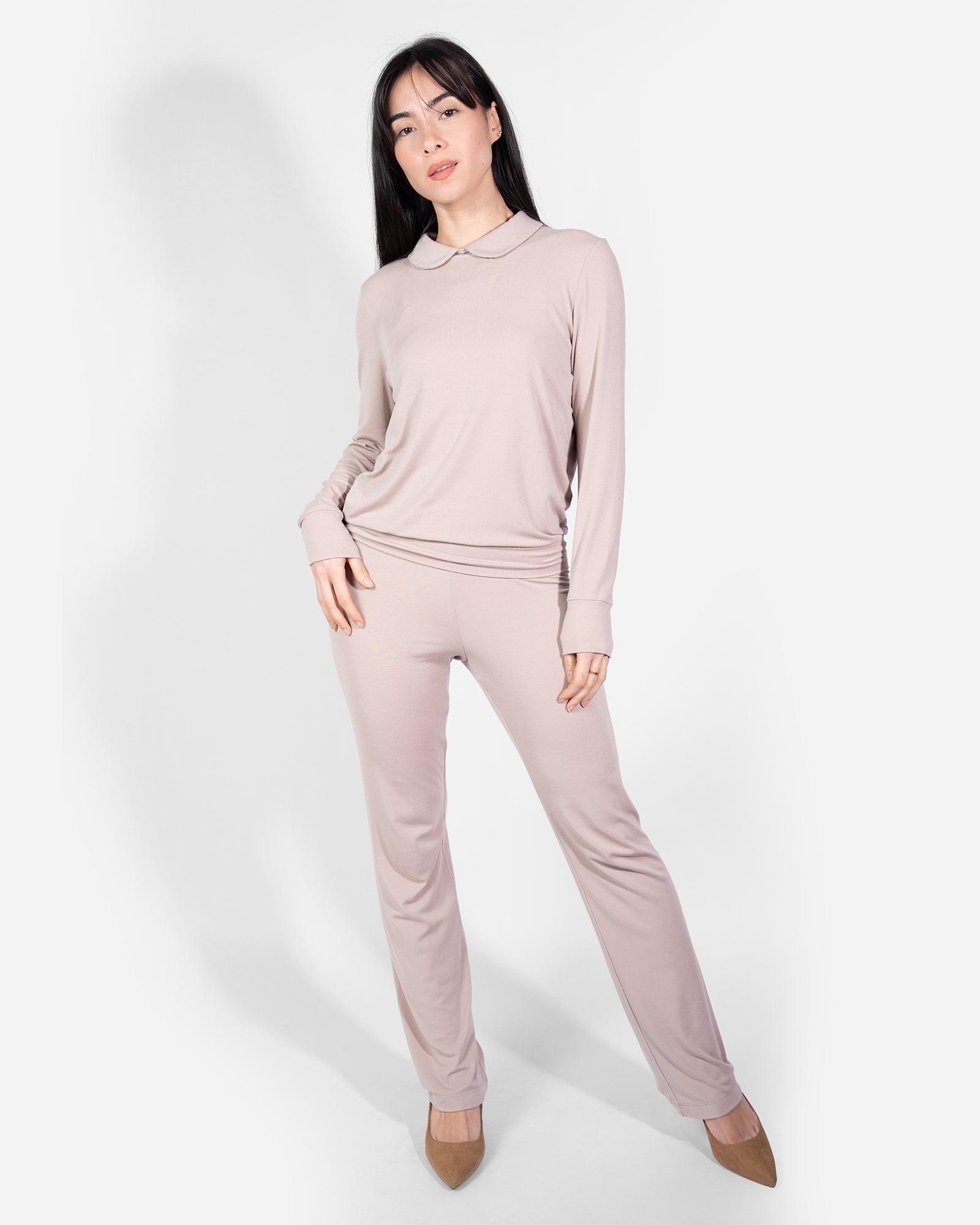 Loungewear Rose Taupe Long Sleeve Peter Pan Collar Shirt Top Elastic High-Waisted Pants