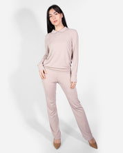 Loungewear Rose Taupe Long Sleeve Peter Pan Collar Shirt Top Elastic High-Waisted Pants