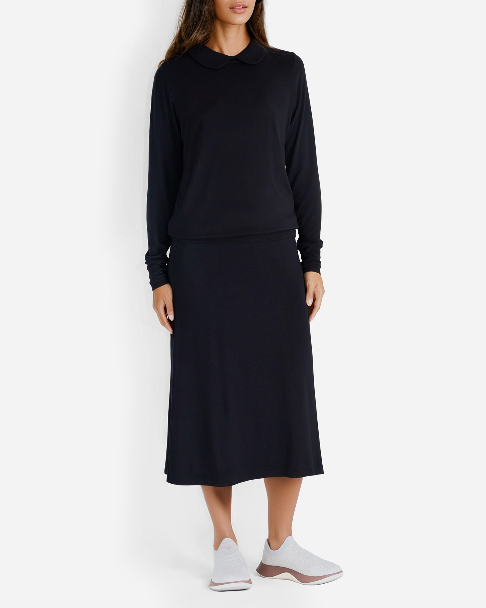 Loungewear set Black Long Sleeve Peter Pan Collar Shirt Top Elastic High-Waisted Midi Skirt