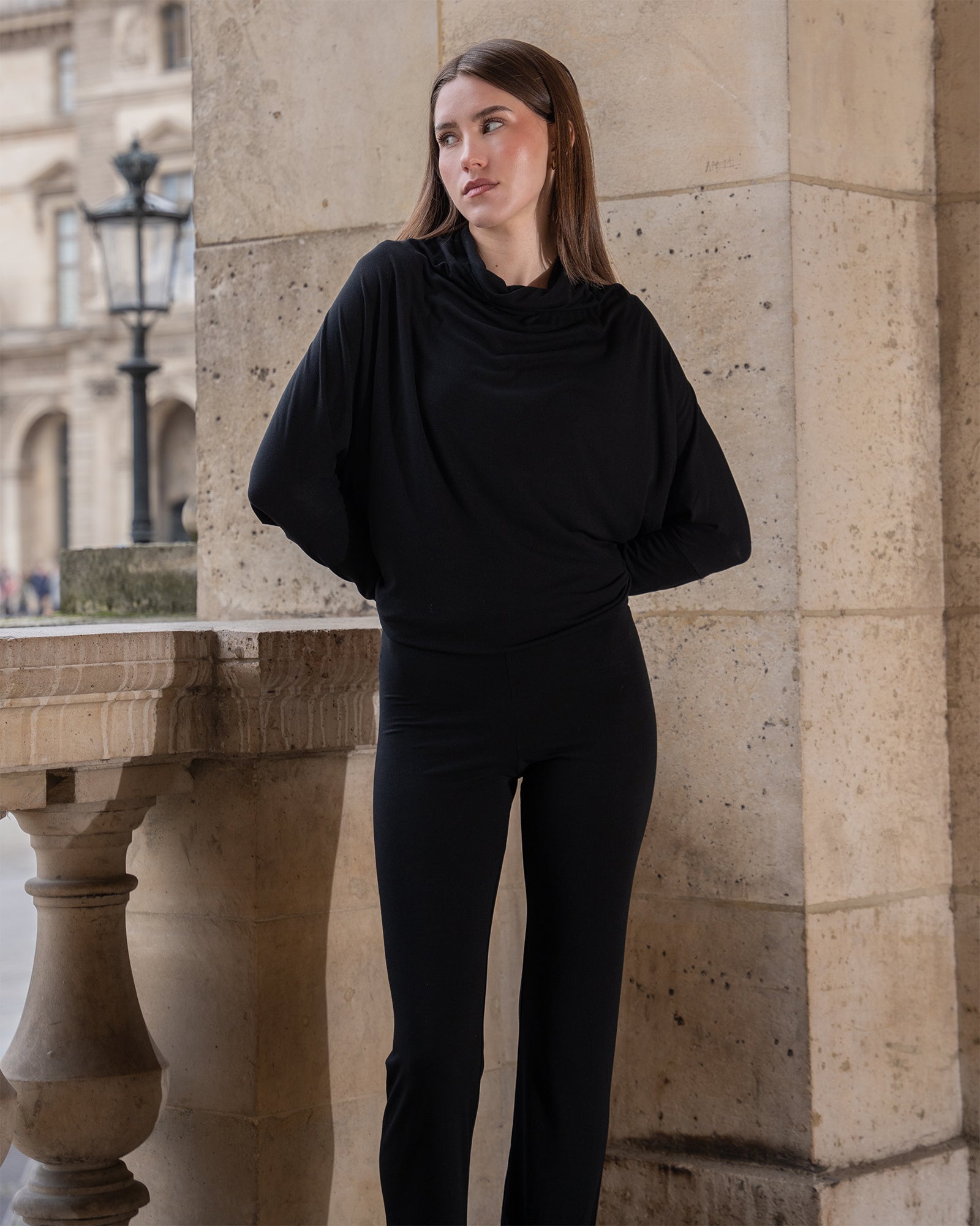 Loungewear set Black Long Sleeve Relaxed Funnel Neck Lounge Top High Waisted Pants