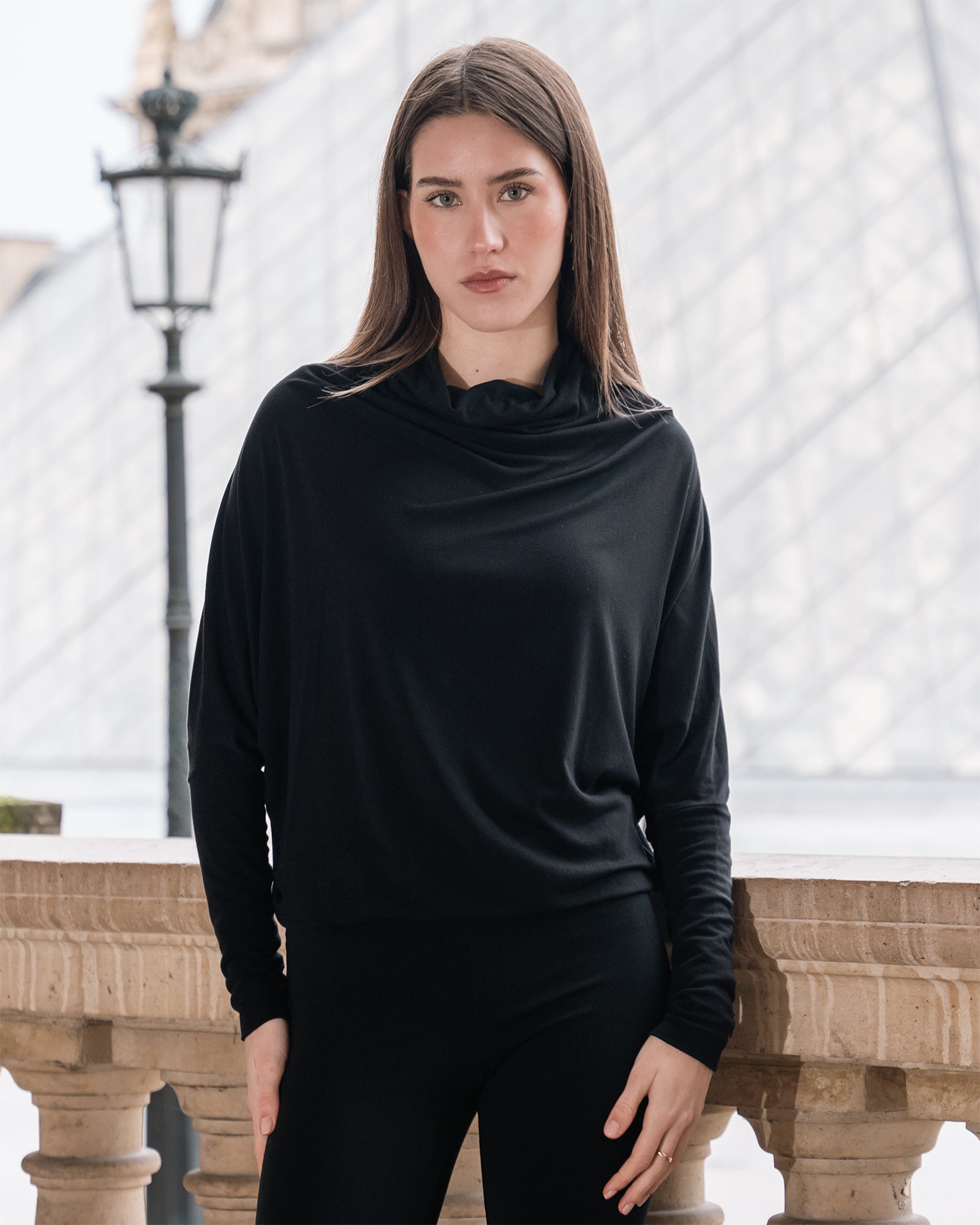 Loungewear set Black Long Sleeve Relaxed Funnel Neck Lounge Top High Waisted Pants