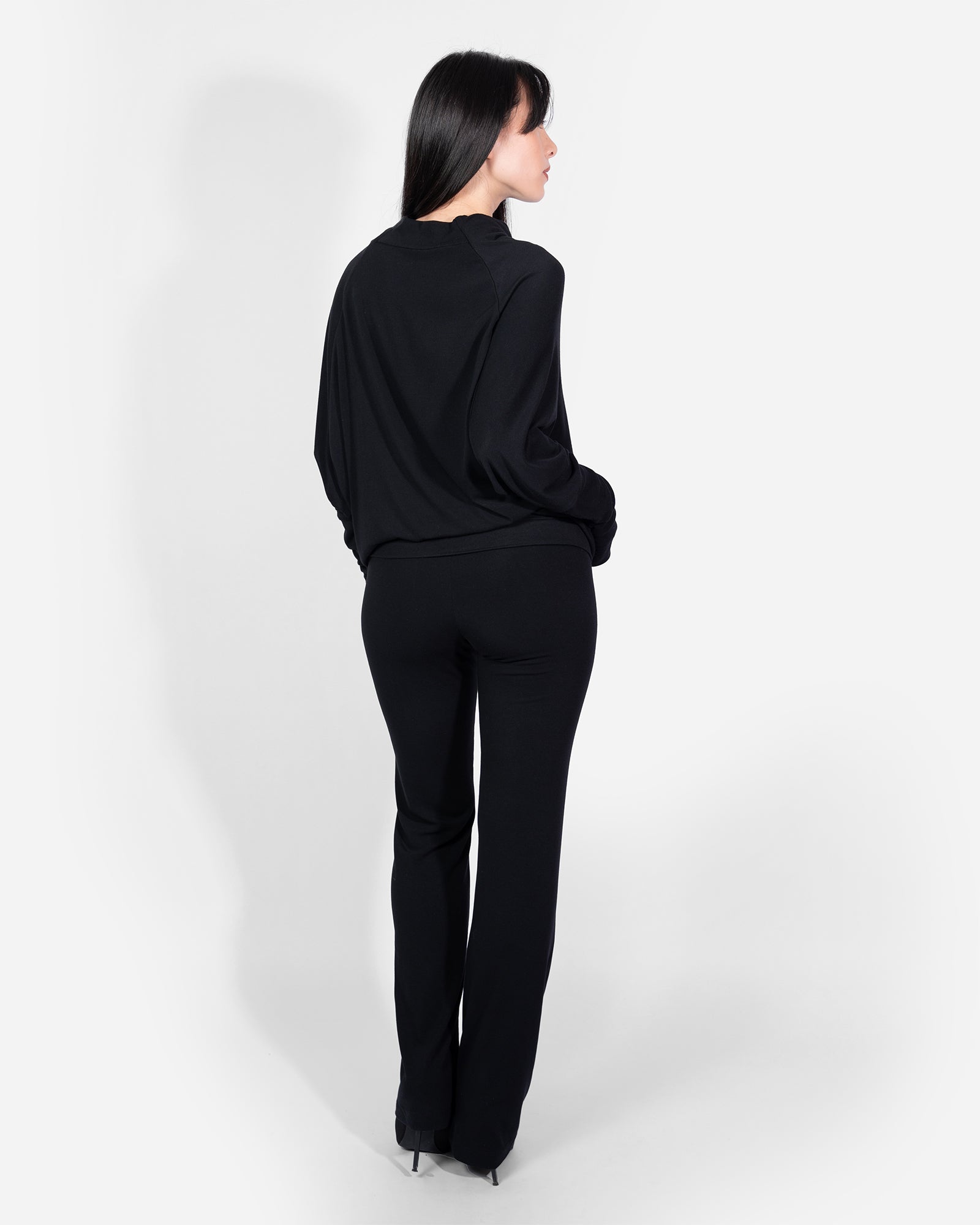 Loungewear set Black Long Sleeve Relaxed Funnel Neck Lounge Top High Waisted Pants