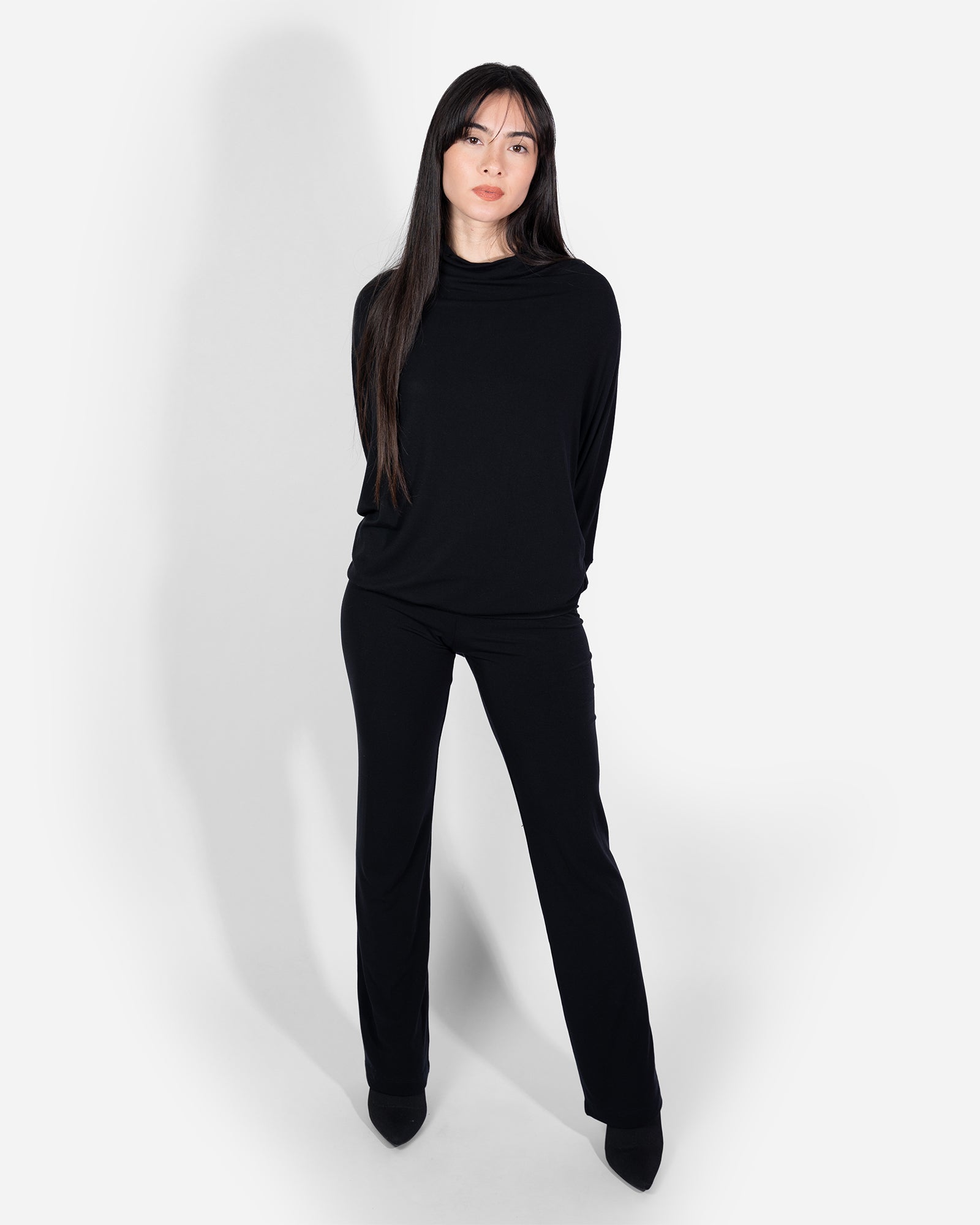 Loungewear set Black Long Sleeve Relaxed Funnel Neck Lounge Top High Waisted Pants