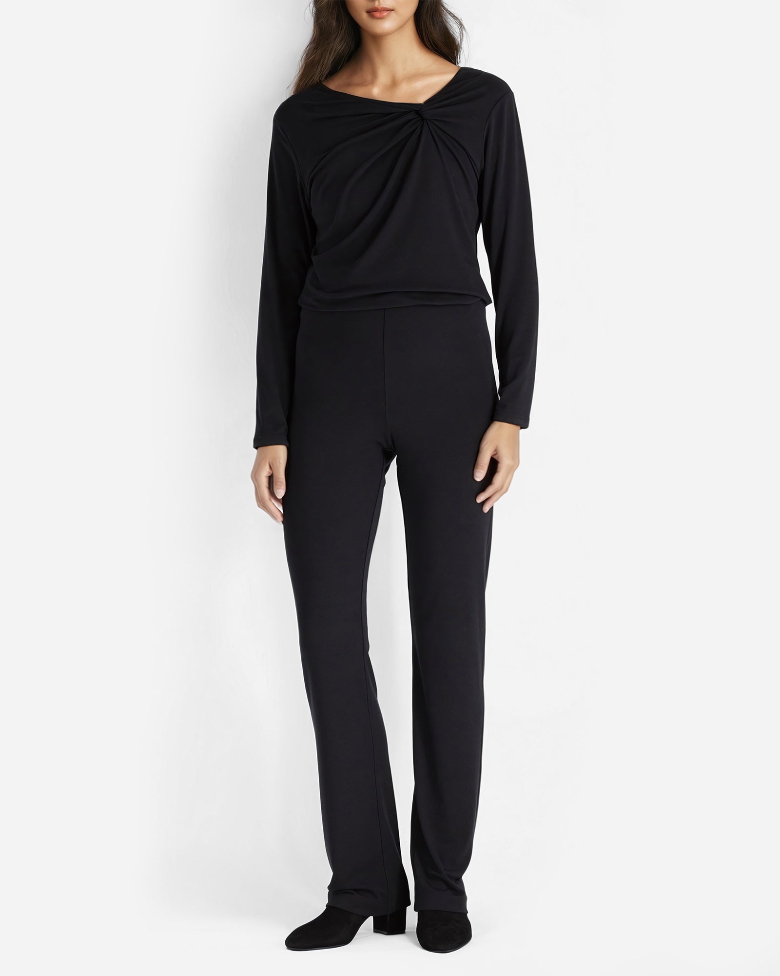 Loungewear set Long Sleeve Twist Neck Top High-Waisted Pants Black