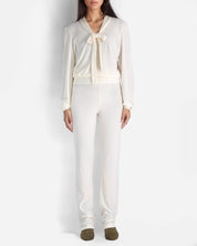 Loungewear set Cream Long Sleeve Puff Shoulder Bow Tie Cropped Top Elastic High-Waisted Pants