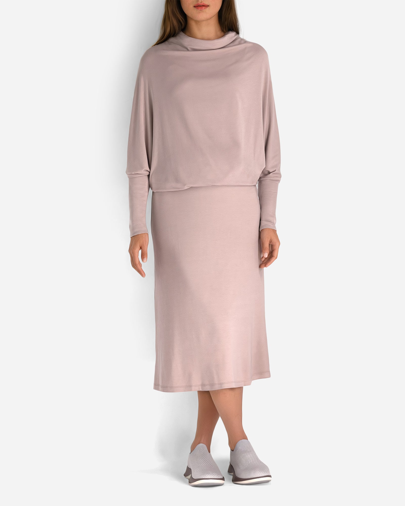 Loungewear set Rose Taupe Long Sleeve Relaxed Funnel Neck Top Elastic High-Waisted Midi Skirt