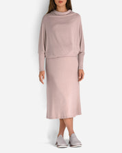 Loungewear set Rose Taupe Long Sleeve Relaxed Funnel Neck Top Elastic High-Waisted Midi Skirt