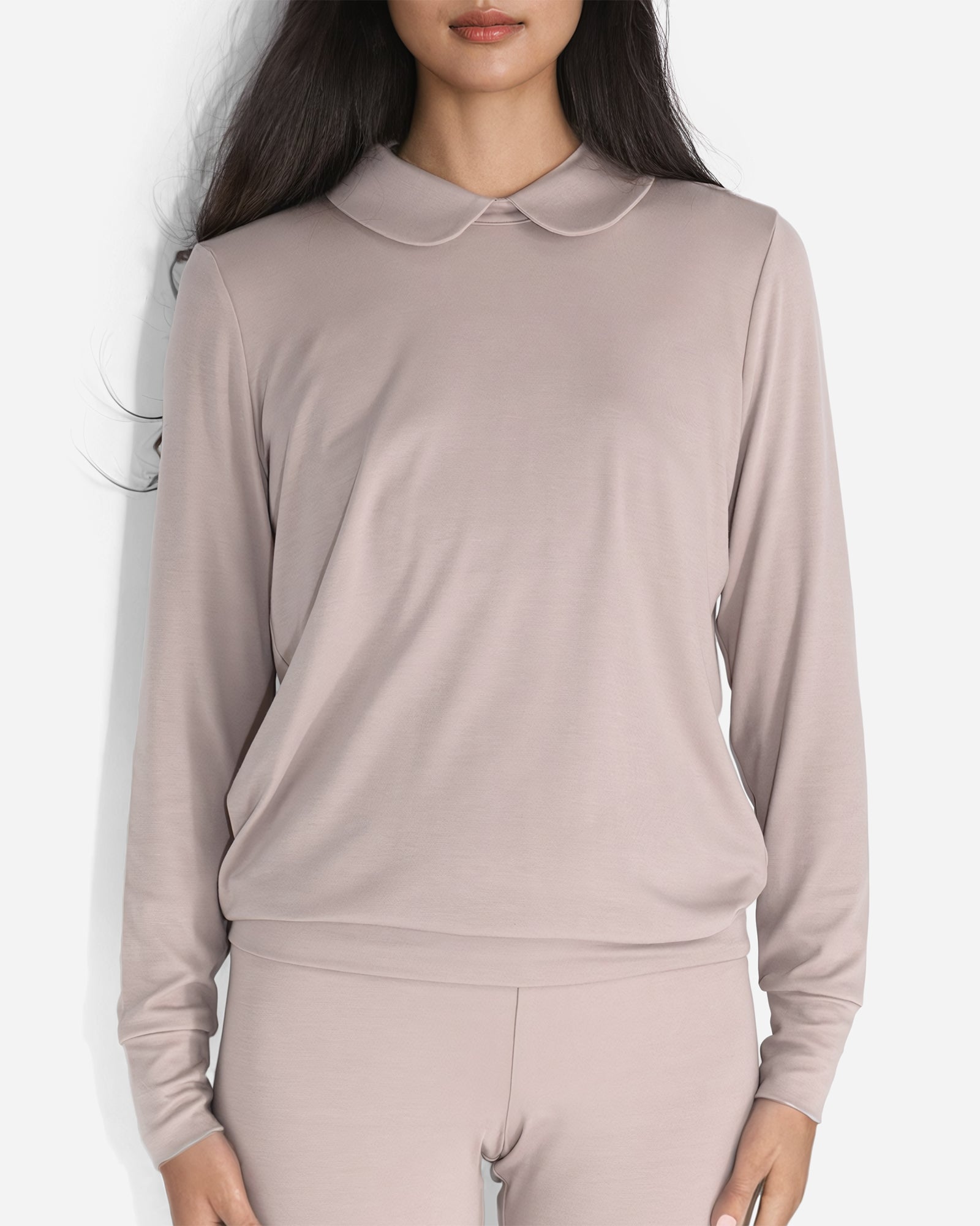 Rose Taupe Long Sleeve Peter Pan Collar Shirt Lounge Top