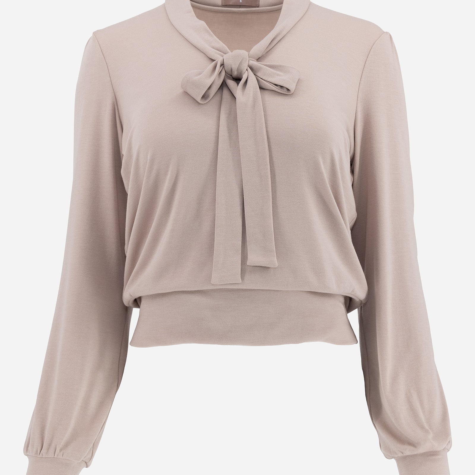 Rose Taupe Long Sleeve Puff Shoulder Bow Tie Cropped Lounge Top