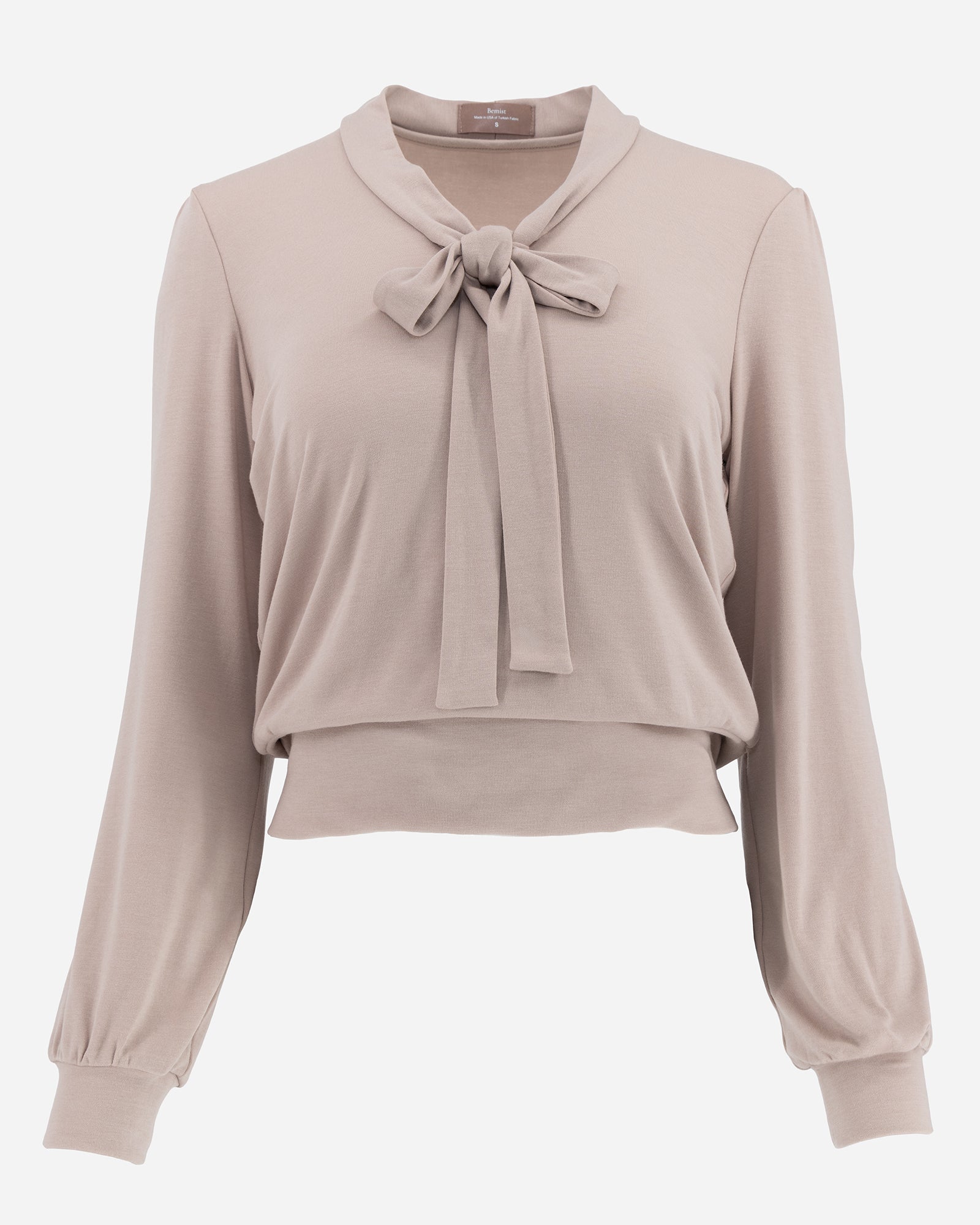Rose Taupe Long Sleeve Puff Shoulder Bow Tie Cropped Lounge Top
