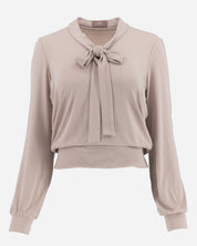 Rose Taupe Long Sleeve Puff Shoulder Bow Tie Cropped Lounge Top