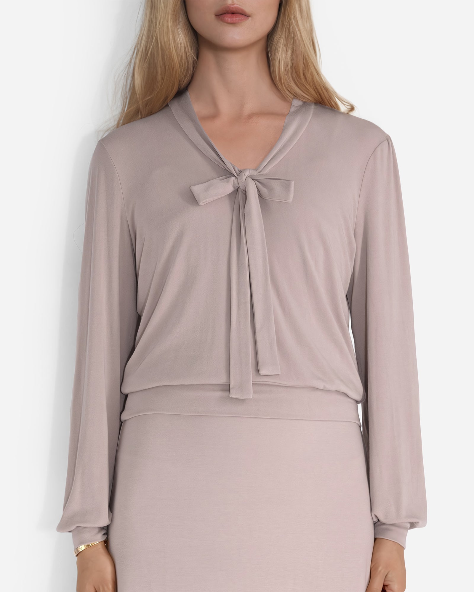Rose Taupe Long Sleeve Puff Shoulder Bow Tie Cropped Lounge Top