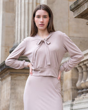 Rose Taupe Long Sleeve Puff Shoulder Bow Tie Cropped Lounge Top