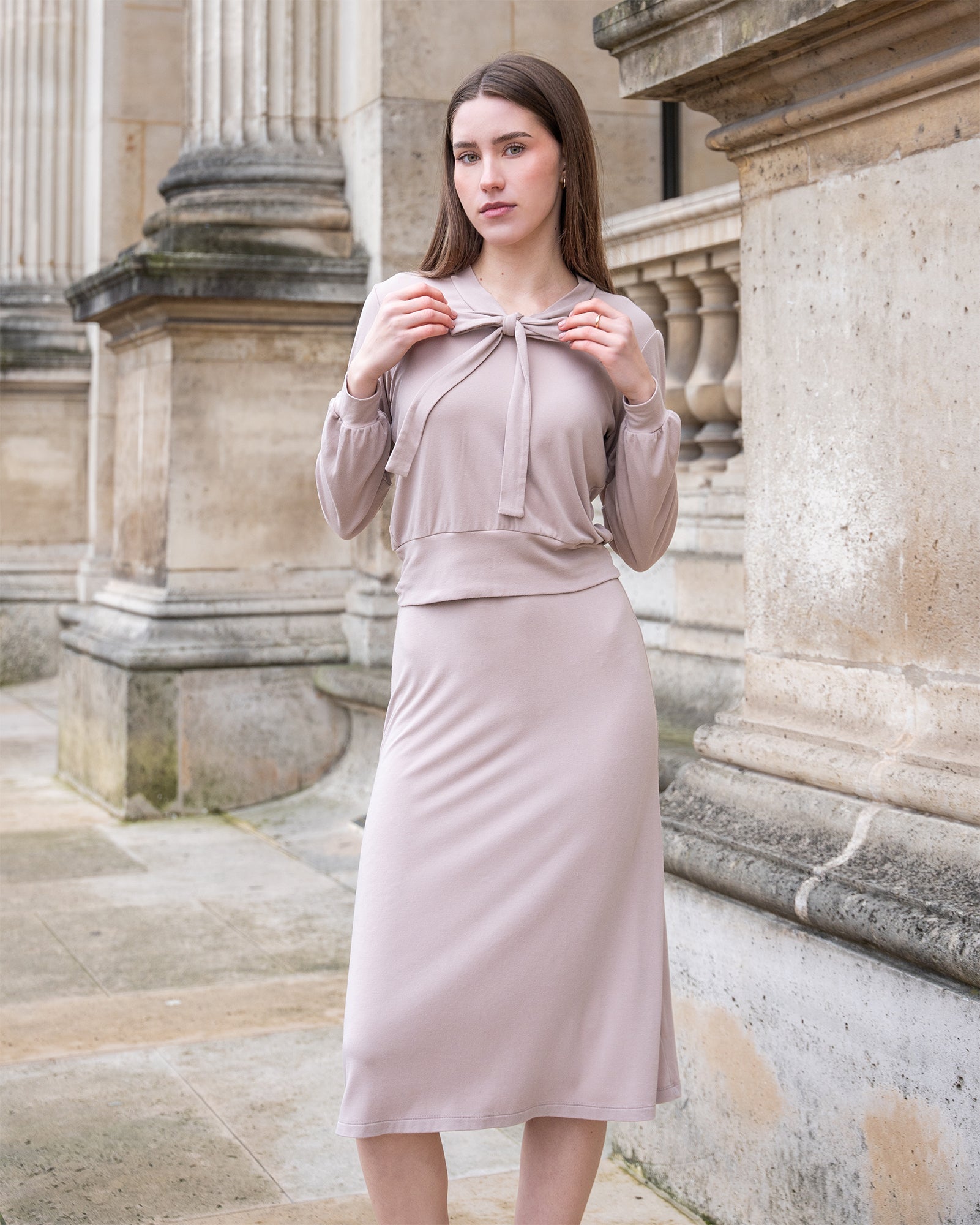 Rose Taupe Long Sleeve Puff Shoulder Bow Tie Cropped Lounge Top Elastic High-Waisted Midi Lounge Skirt