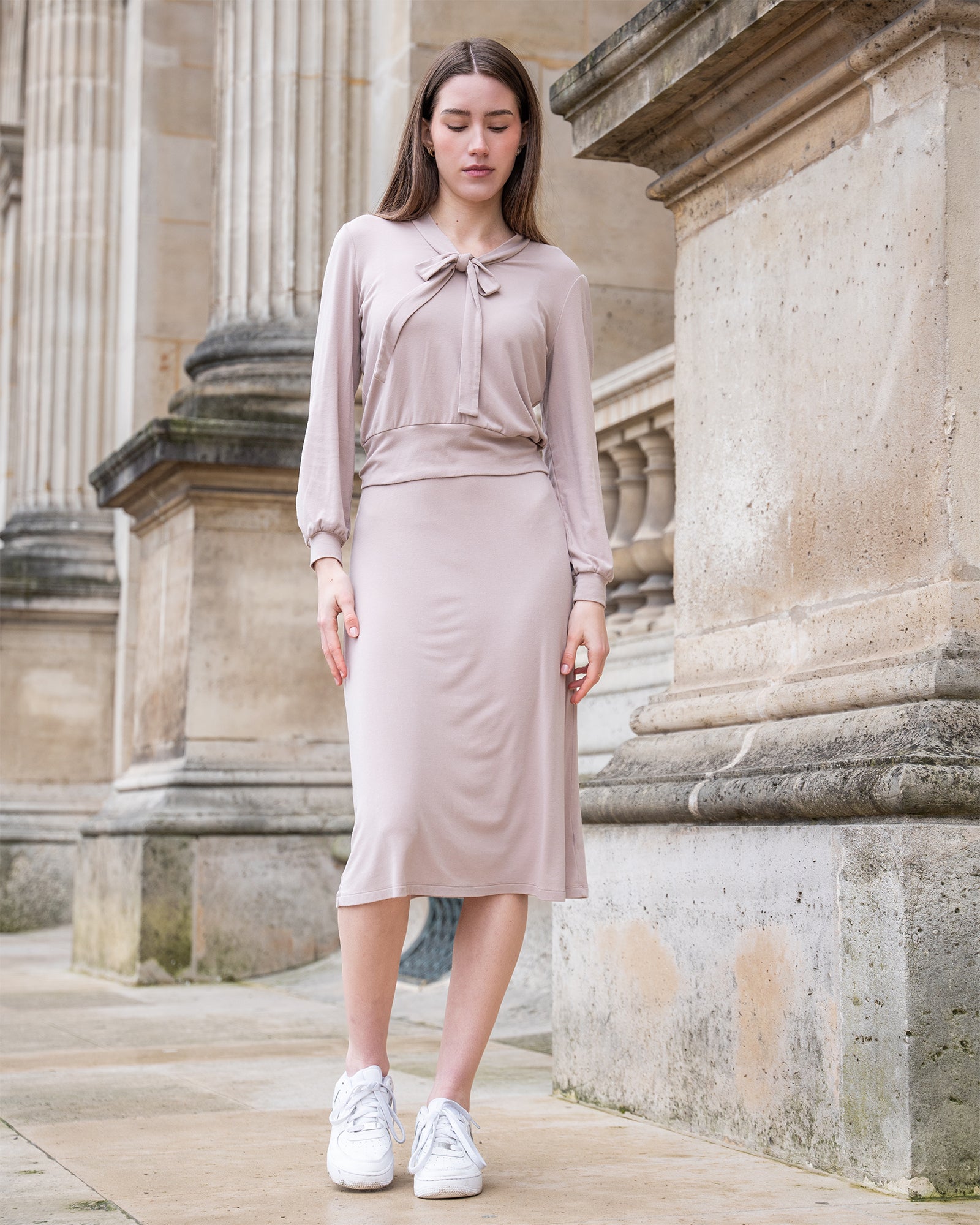 Rose Taupe Long Sleeve Puff Shoulder Bow Tie Cropped Lounge Top Elastic High-Waisted Midi Lounge Skirt