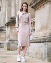 Rose Taupe Long Sleeve Puff Shoulder Bow Tie Cropped Lounge Top Elastic High-Waisted Midi Lounge Skirt