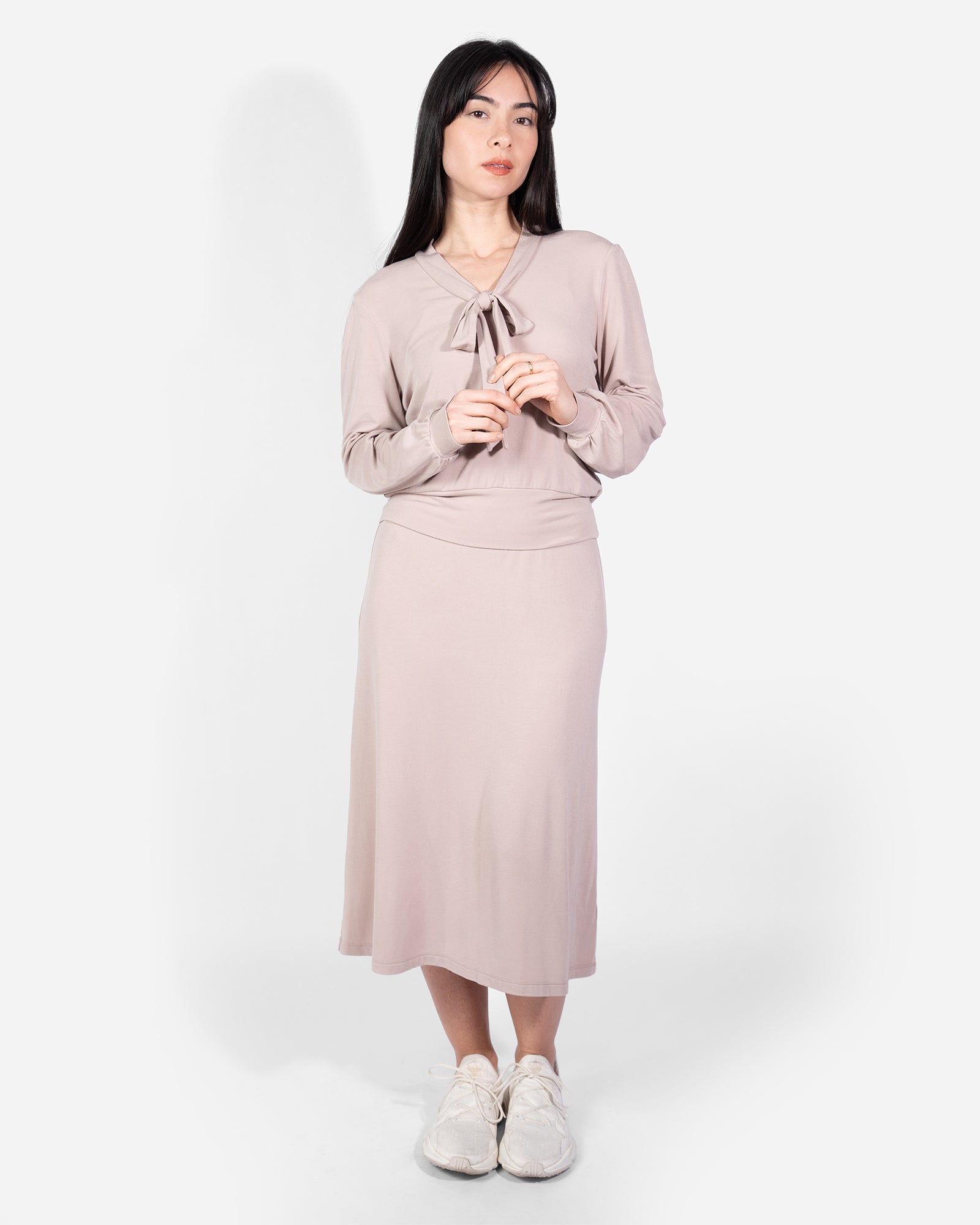 Rose Taupe Long Sleeve Puff Shoulder Bow Tie Cropped Lounge Top Elastic High-Waisted Midi Lounge Skirt