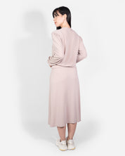 Rose Taupe Long Sleeve Puff Shoulder Bow Tie Cropped Lounge Top Elastic High-Waisted Midi Lounge Skirt
