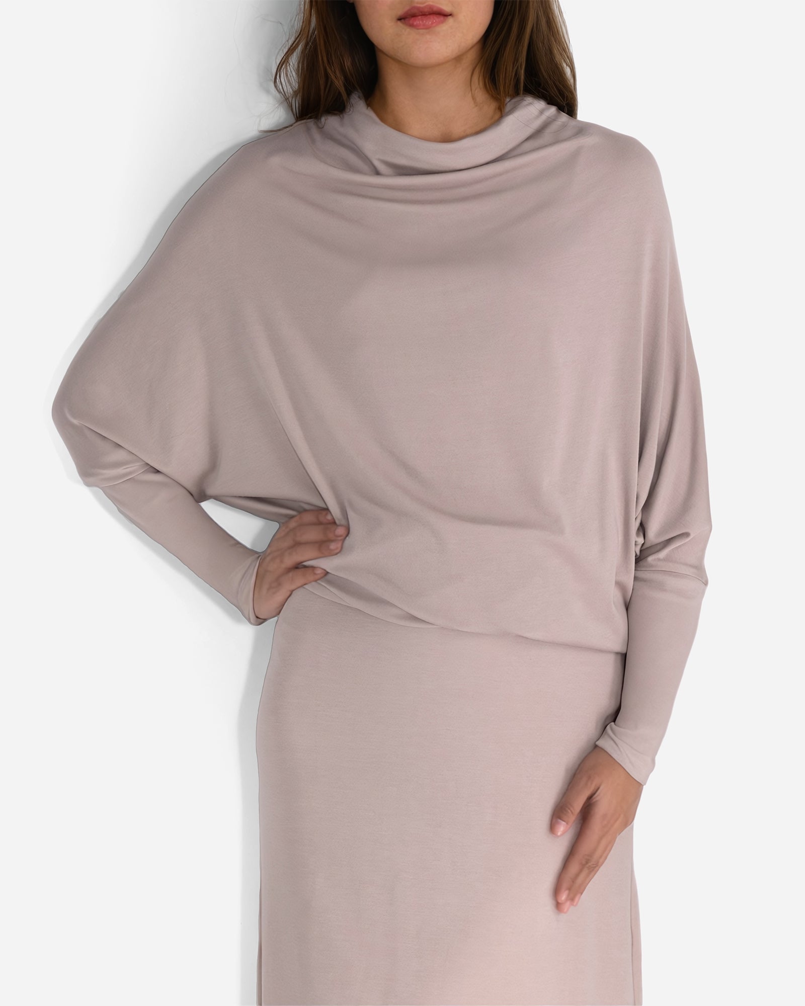Rose Taupe Long Sleeve Relaxed Funnel Neck Lounge Top